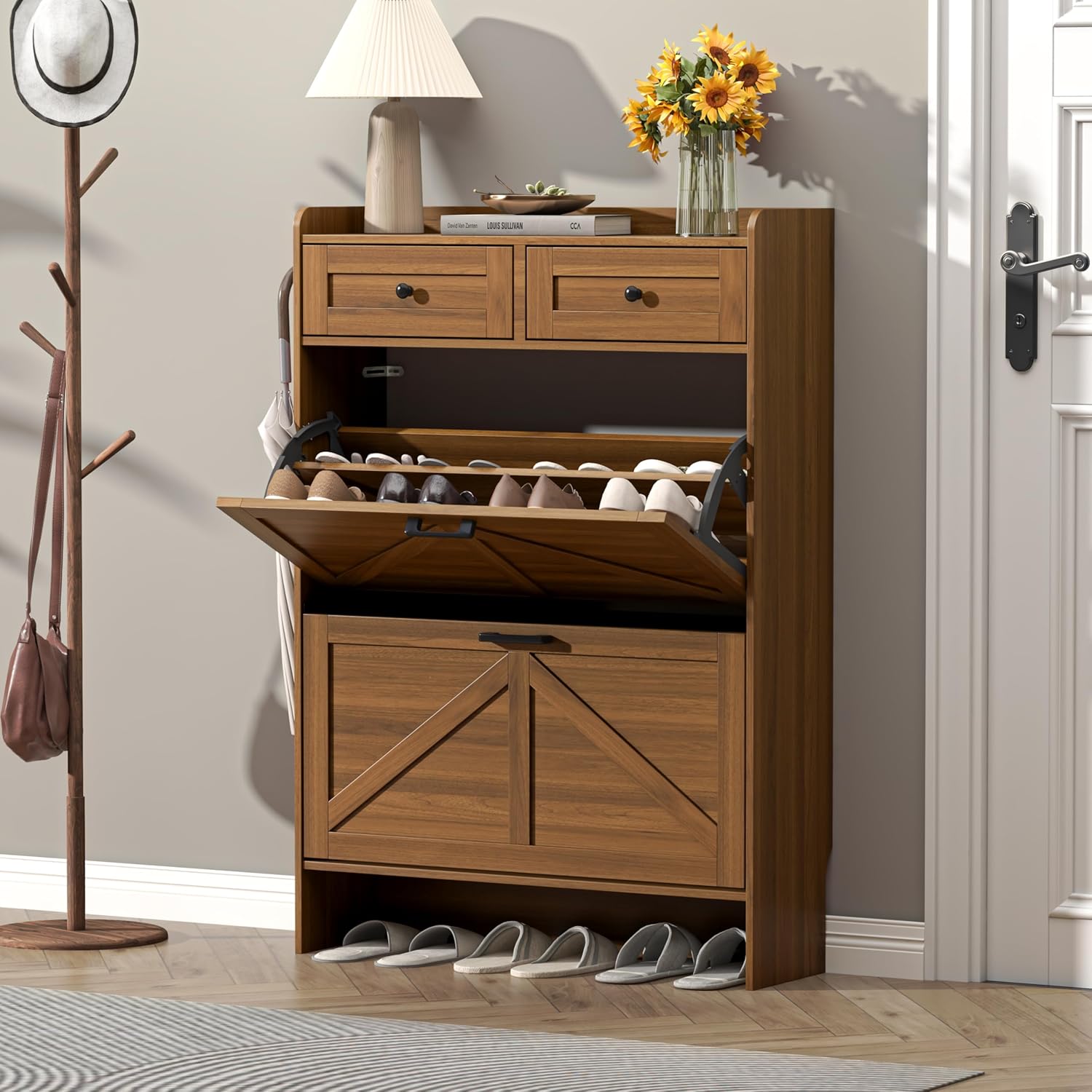 Shoe Rack Cabinet Narrow Entryway - Shoe Cabinet with 2 Flip &