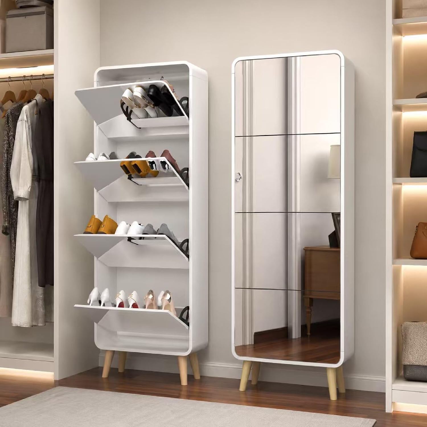 Arched Mirror Shoe Cabinet 4 F - Shoe Rack Cabinet Narrow Entryway 评论和价格