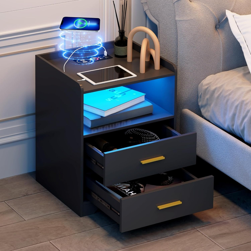 Black LED Nightstand with Char - Solid Wood Nightstand 2 Drawers 评论和价格