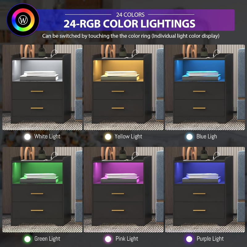 Black LED Nightstand with Char - Solid Wood Nightstand 2 Drawers 评论和价格