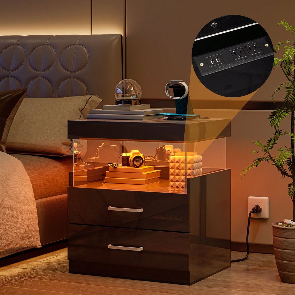 Black LED End Table Nightstand - Floating Nightstand With Led Light 评论和价格