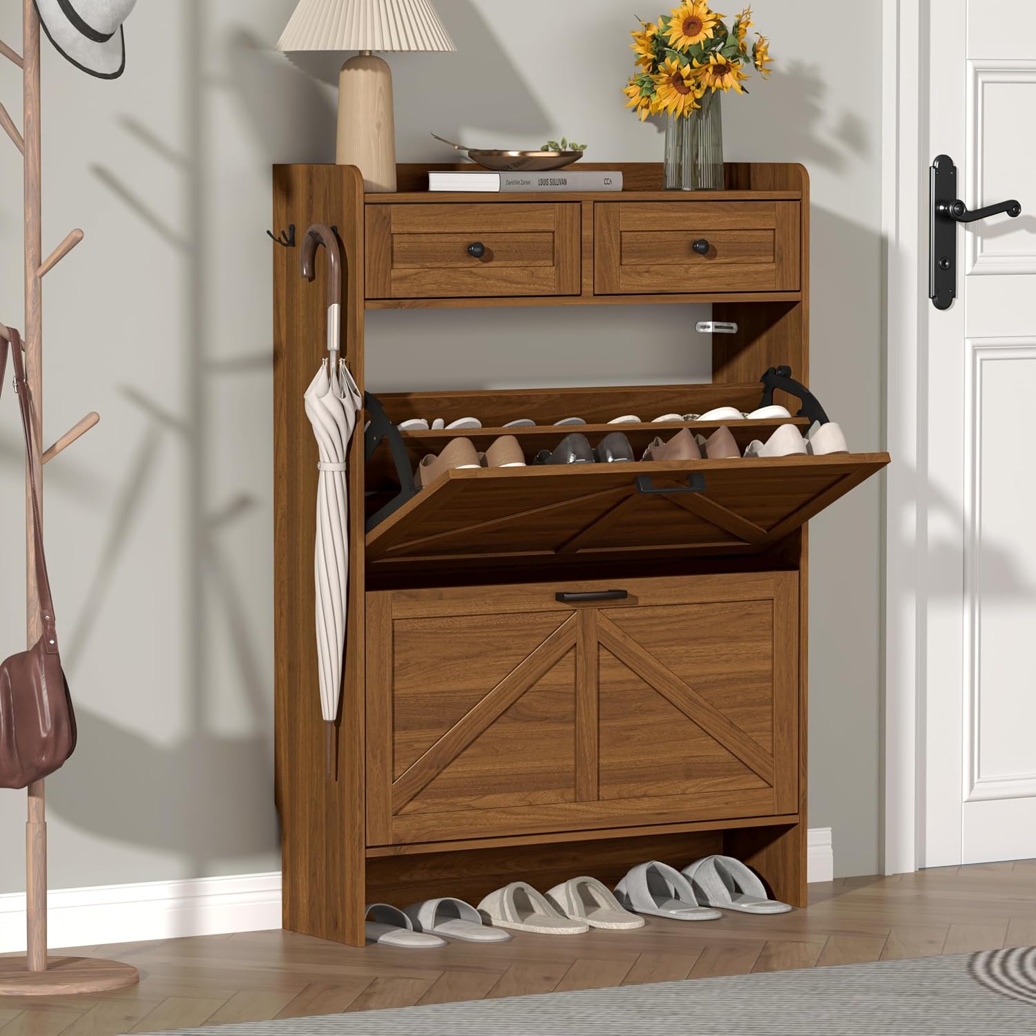 Shoe Cabinet with 2 Flip & 2 S - Shoe Rack Cabinet Narrow Entryway 评论和价格