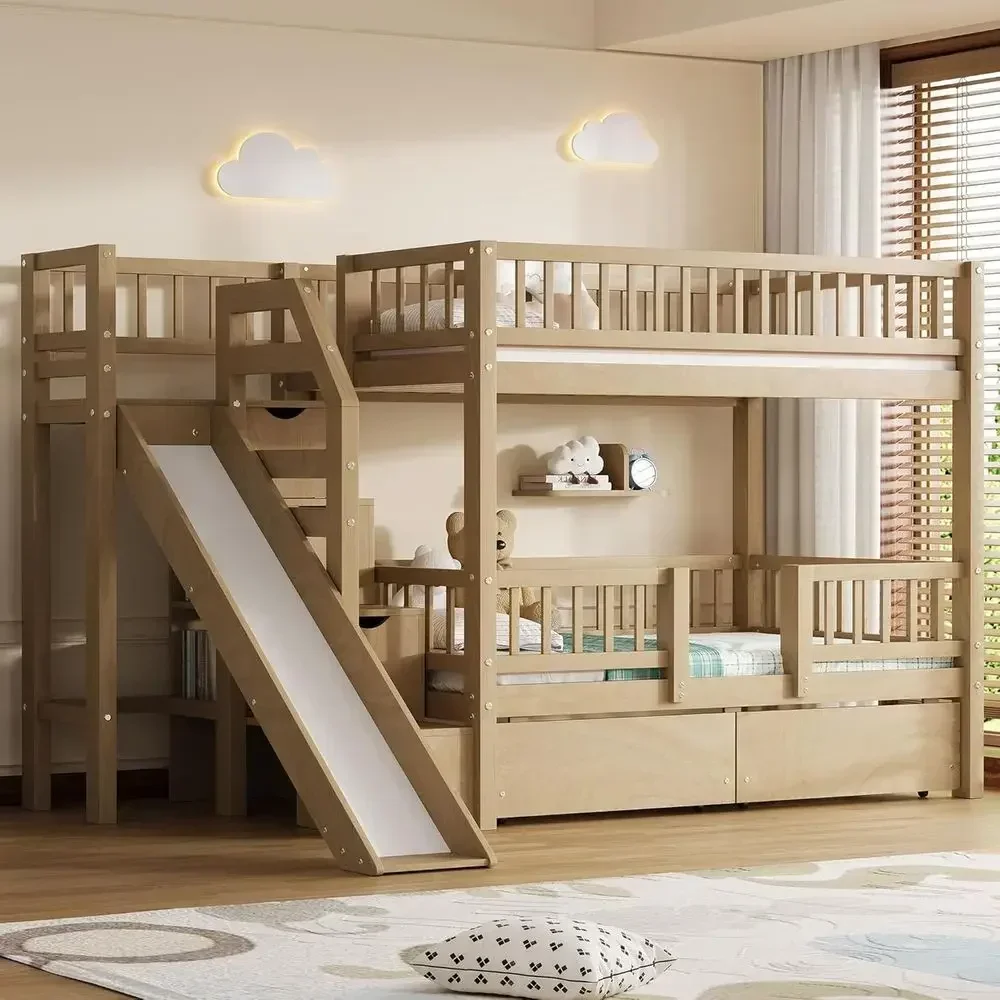 Twin Over Twin Wooden Bunk Bed - Bunk Bed With Stairs And Slide 评论和价格