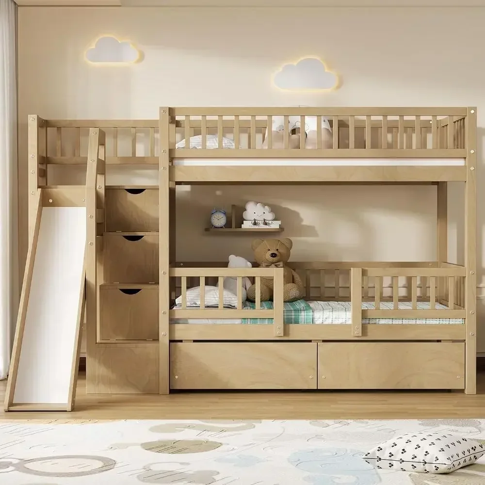 Twin Over Twin Wooden Bunk Bed - Bunk Bed With Stairs And Slide 评论和价格