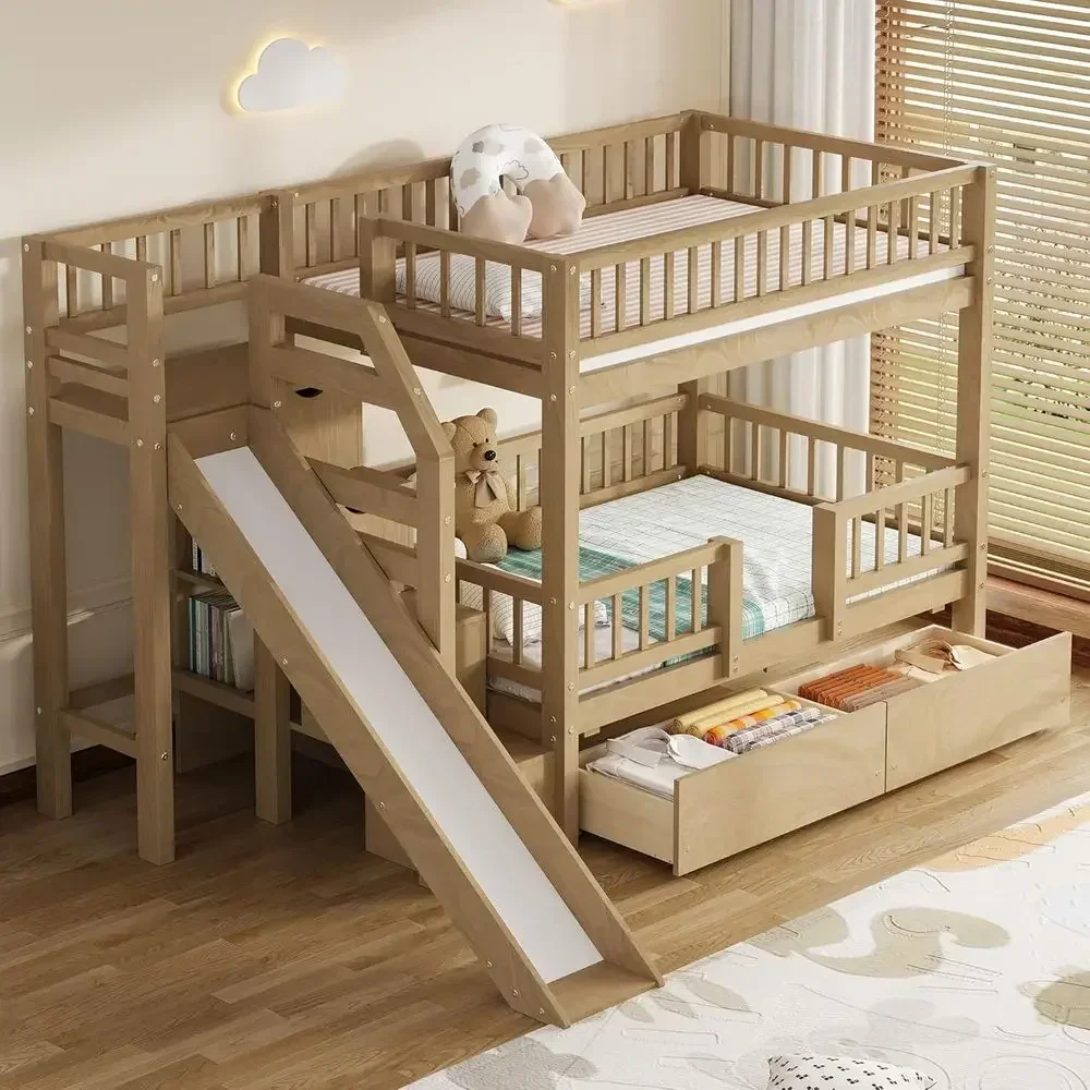 Twin Over Twin Wooden Bunk Bed - Bunk Bed With Stairs And Slide 评论和价格