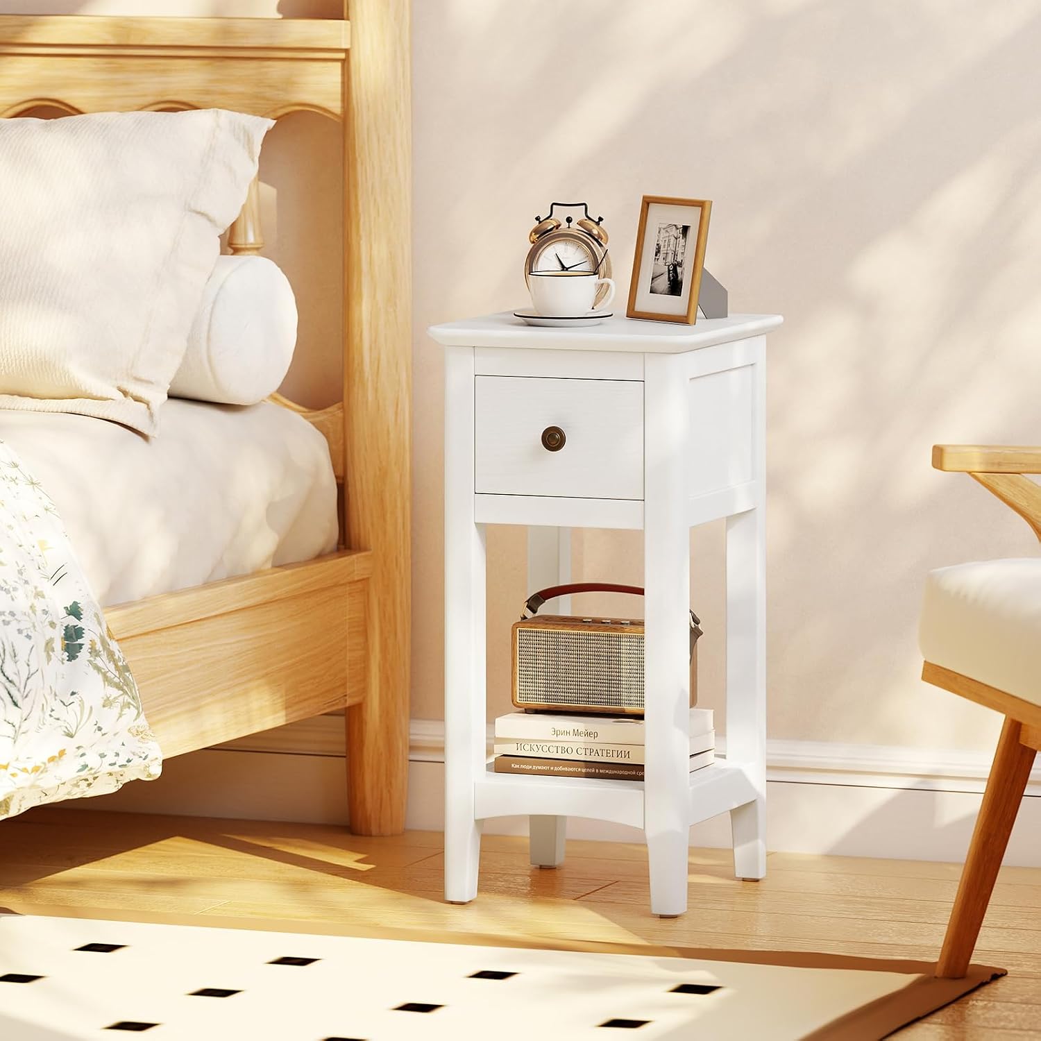 Narrow End Tables with Drawer  - Solid Wood Nightstand 2 Drawers 评论和价格