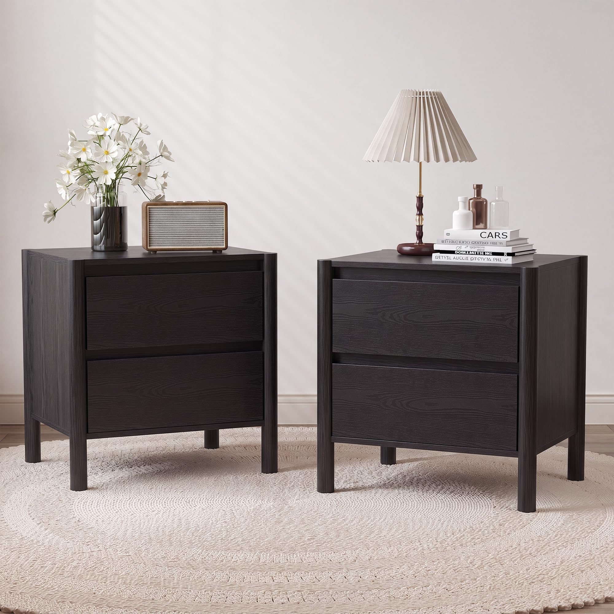 Mid Century Modern Black Night - Solid Wood Nightstand 2 Drawers 评论和价格