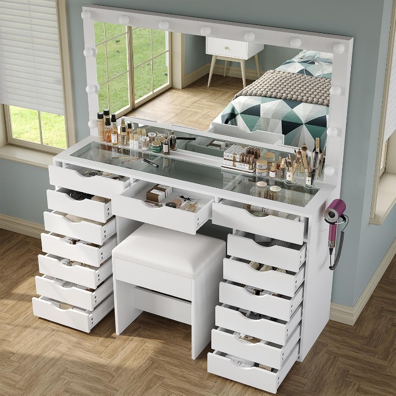 Yanosaku Vanity Desk with Mirr - Dressing Table Vanity With Lighted Mirror 评论和价格